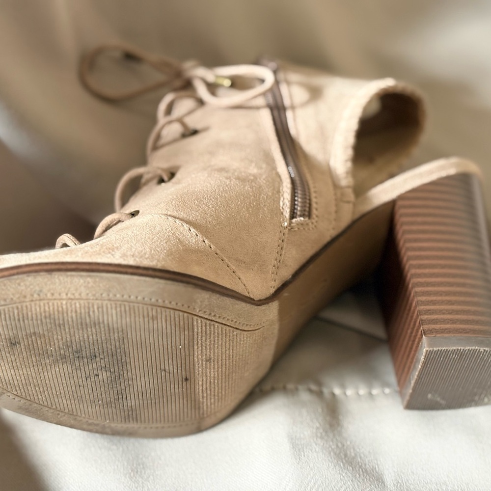 Mix No. 6 Lace-Up Peep Toe Block Heel Booties in Taupe - Picture 6 of 11
